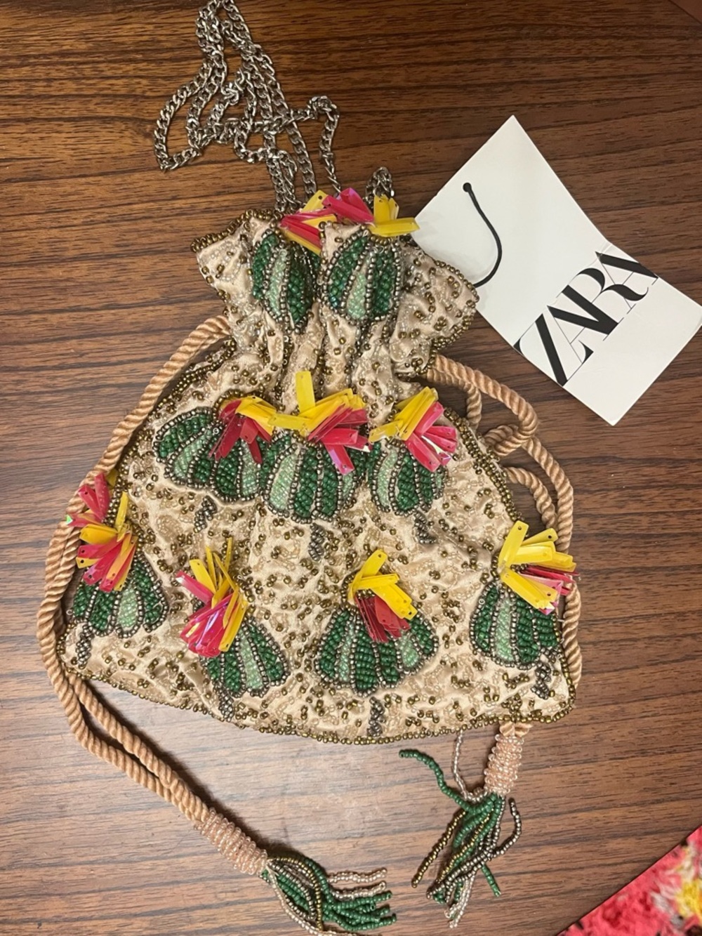 Zara Beaded Floral Drawstring Bag - Green, Yellow, Pink on Beige